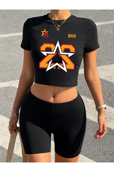 NOISSEY Καλοκαιρινό Boston Number 22 Stars με τύπωμα Crop T-Shirt Σορτς Γυναι...