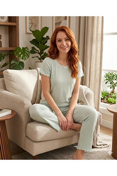 İpek Women's Short Sleeve Crew Neck 100% Cotton Solid Color Corded Fabric Paj...