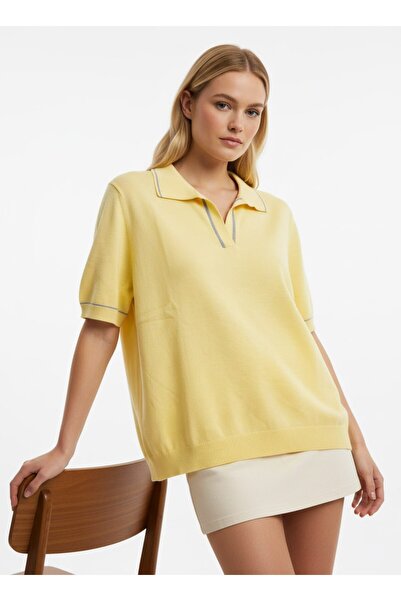 Noi Belis Oversized Soft Textured Polo Collar Short Sleeve Knitwear Blouse Ss...