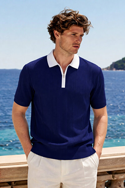 DAMGA JEANS Ανδρικό μπλουζάκι με φερμουάρ σε σκούρο μπλε χρώμα και λαιμόκοψη ...