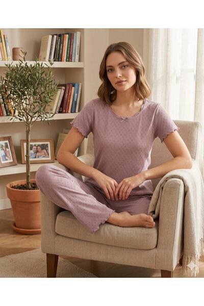 İpek Women's Short Sleeve Crew Neck 100% Cotton Solid Color Corded Fabric Paj...