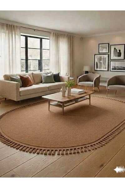 ALTUN CARPET Covor de pluș modern, maro deschis, oval, cu franjuri, talpă ant...