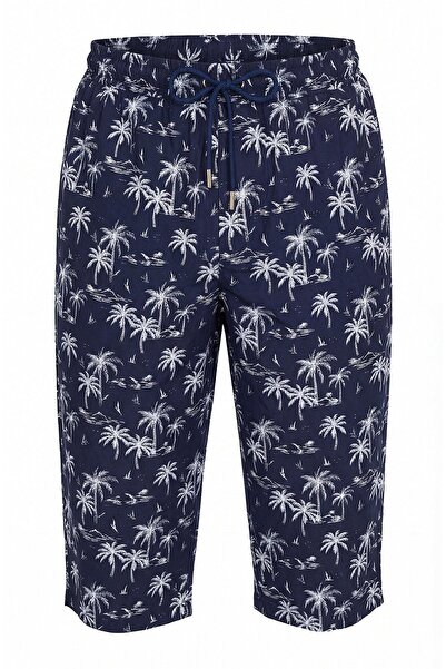Haşema Palmiye Patterned Navy Blue Long Men's Pool and Sea Shorts 6011