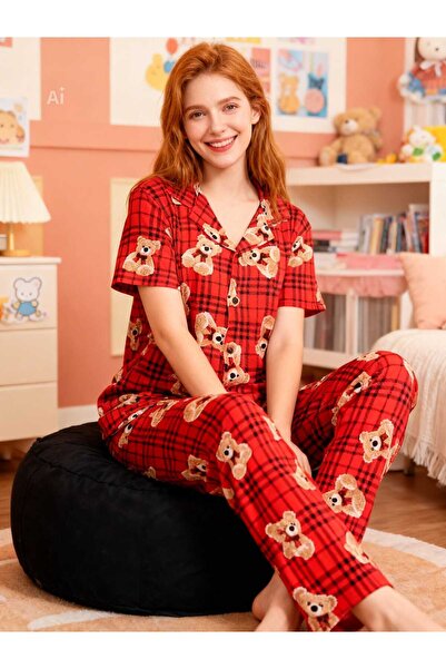 NiCe İç Giyim Red Plaid Piece Teddy Bear Themed Shirt Collar Short Sleeve But...