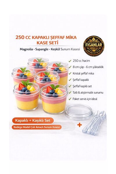 figanlar ambalaj 5 adet 250 cc Kapaklı Magnolia Kasesi Şeffaf Mika Tatlı Kabı...