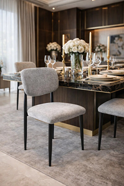 MARIA HOMES كرسي طعام رمادي اللون بساقين سوداوين، كرسي عصري من القماش لغرفة ا...