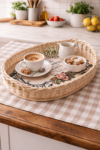 BERKE TUHAFIYE AKSESUAR El Yapımı Rattan Bambu Oval Tepsi | Ahşap Boncuklu Su...
