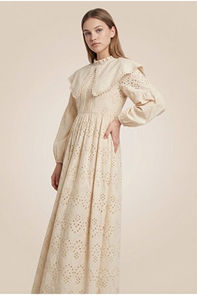 NEFESSE Dantel Detaylı Pelerin Yaka Elbise -Bej