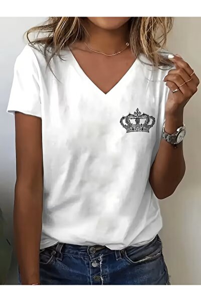 H&GHAMLEGİYİM Printed T-Shirt. Short Sleeve V-Neck Summer & Spring Casual Top...