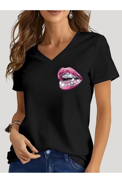 H&GHAMLEGİYİM Printed T-Shirt. Short Sleeve V-Neck Summer & Spring Casual Top...