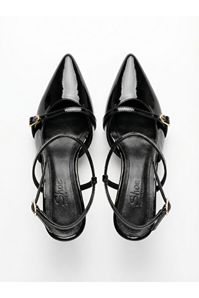 Markasız ucuz Siyah parlak rugan ince topuklu sivri burun arkası bantlı toka ...