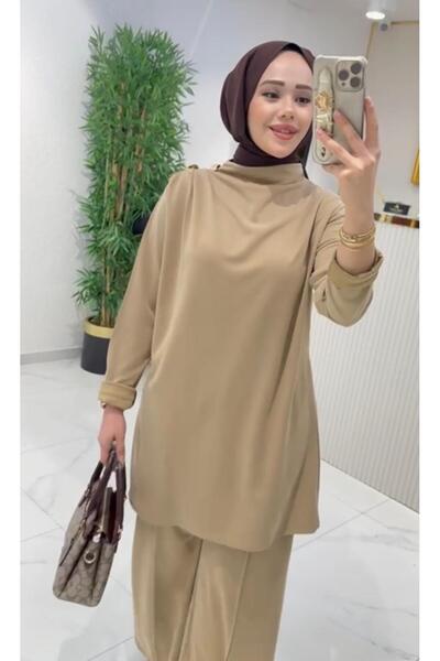 TUGBA COLLECTION Yeni Sezon Omuz Düğme Detaylı İpek Oysho tunik Takım