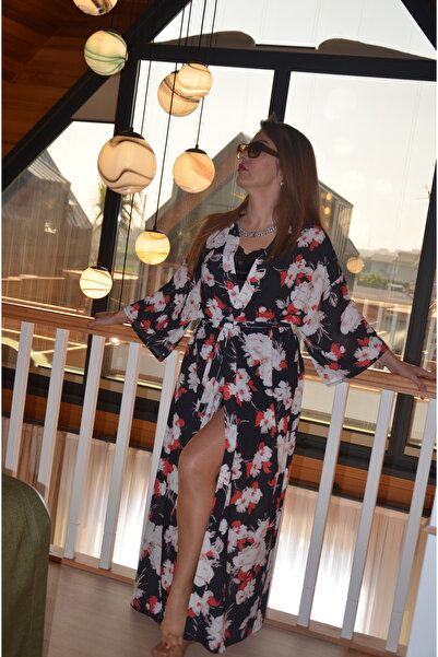 MSN Viscose Satin Fabric Kimono - Pareo - Dressing Gown - (Belt Included)-Bla...