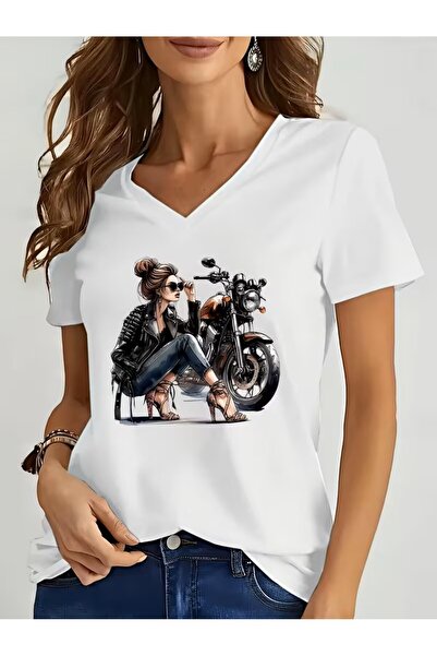 H&GHAMLEGİYİM Printed T-Shirt. Short Sleeve V-Neck Summer & Spring Casual Top...