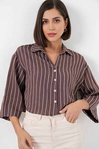 COjans Striped Oversized Short Shirt 20326 - Brown
