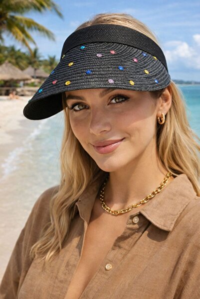 MARBERRY Black Colored Stone Embroidered Straw Visor Tenisci Women's Hat