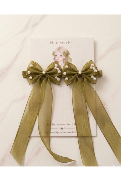 Çınar Aksesuar Set of 2 Organza Ribbon Hair Clips with Pearls - Handmade Hair...