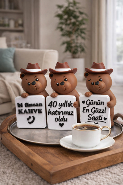 edoy Kahve Köşesi Dekoru Ayıcık Biblo 3’lü Set – Mutfak Kahve Temalı Dekorati...