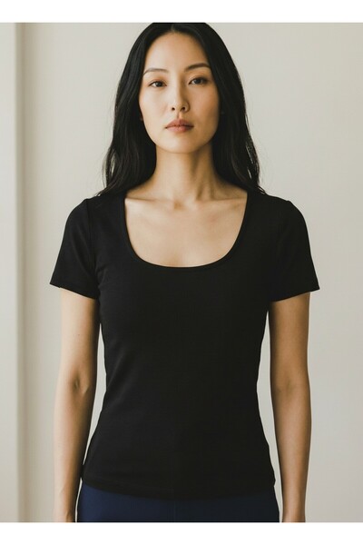MİNOSORA Leather N Collared Combed Cotton Modal Cropped T-Shirt