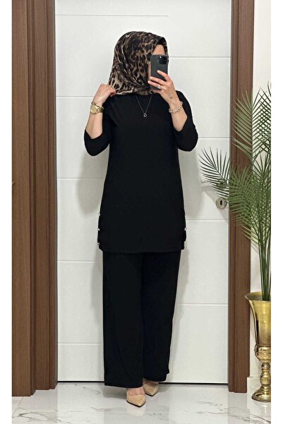 modasura 7045 K 110 SİYAH sandy kumaş düğmelı TUNİK PANTOLON TAKIM büyük bede...