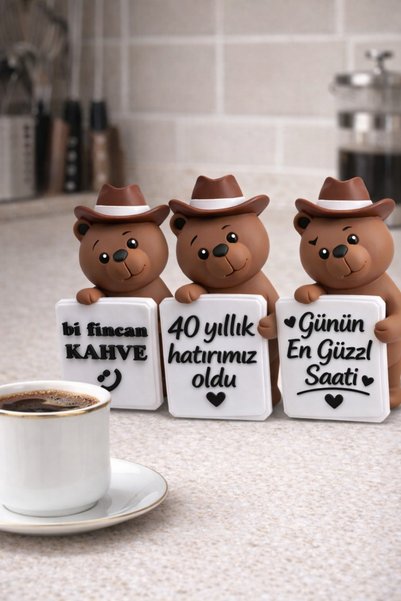 edoy Kahve Köşesi Dekoru Ayıcık Biblo 3’lü Set – Mutfak Kahve Temalı Dekoratif Obje - Kahve Temalı Dekor