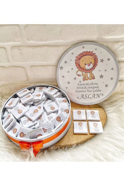 Sweet Story 100 Adet Turuncu Aslan Temalı İsme Özel Hoşgeldin Erkek Bebek Hed...