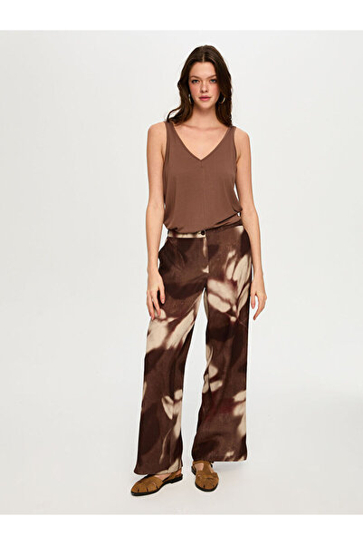 Faik Sönmez Soyut Çiçek Desen Ketenli Wide Leg Fit Pantolon S26PNT035