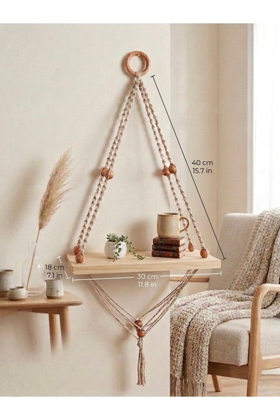 KyroStüdyo Vesta Serisi - Masif Ahşap Makrome Duvar Rafı - Naturel & Yakma Se...