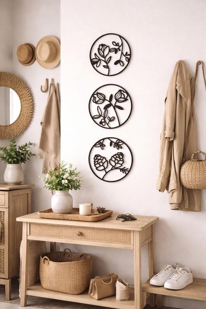 ArliaDesign 3 Parçalı Daire Şeklinde Modern Çiçek Bahçesi Ahşap Tablo Seti / Duvar Dekor / Siyah 3 mm MDF