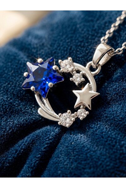 Meneva Aksesuar Silver Color Steel Necklace with Crystal Blue Star Detail