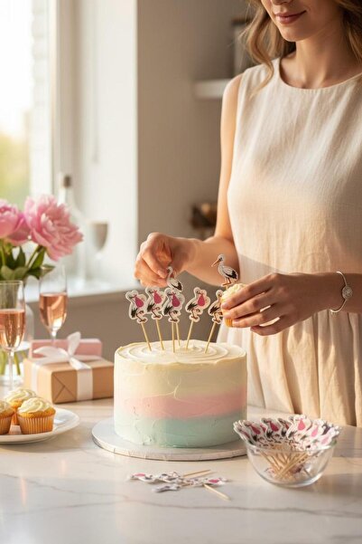 Cadde Süs Pink Stork Themed Toothpick Ornament 10 Pcs