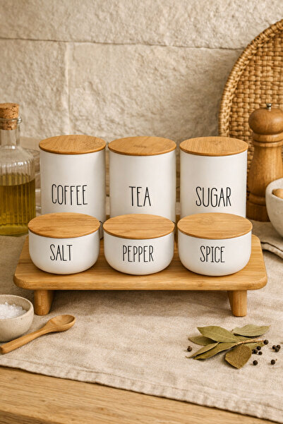 Meturas Kitchen Vacuum Sealed Bamboo Lid White Glass Jar Spice Jar Set with S...