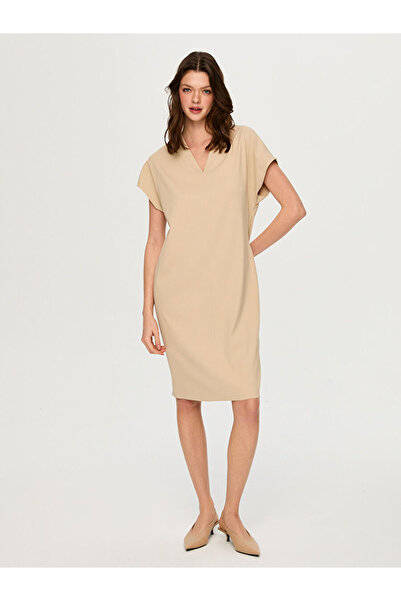 Faik Sönmez Beli Büzgü Detaylı V Yaka Kısa Kol Elbise S26ELB030