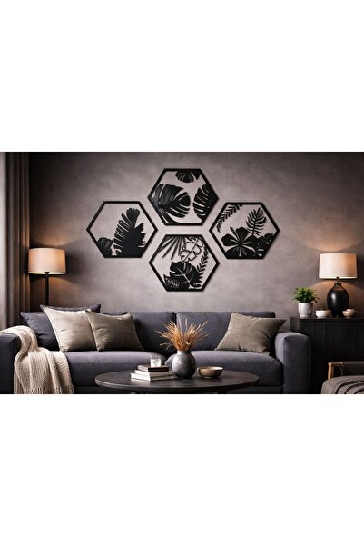 ArliaDesign 4 Parçalı Petek Şeklinde Modern Çiçek Bahçesi Ahşap Tablo Seti / Duvar Dekoru / Siyah 3 mm MDF