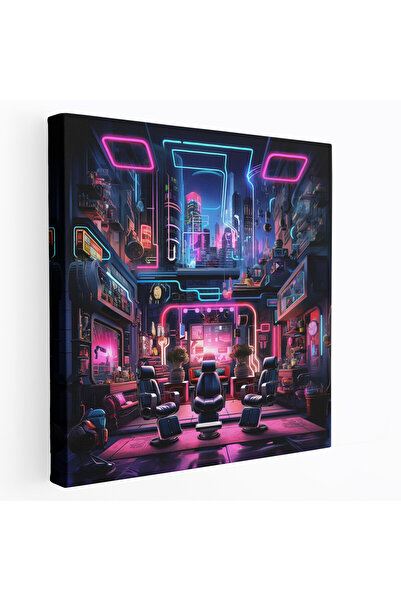 Popcas Gelecekten Gelen Şehir Manzaralı Kanvas Tablo Berber Temalı Neon Işıkl...