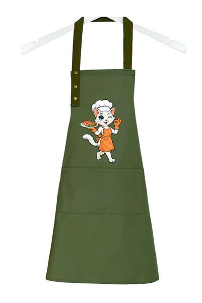 Hulganz Cat Themed Kitchen Apron Stain Resistant and Water Repellent Fabric Adjustable Neck Strap Single Mamamiyav Khaki Apron
