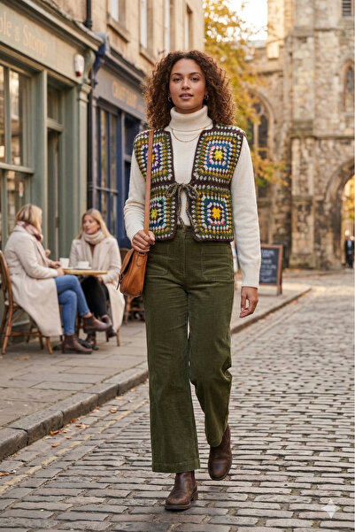 lunera Handmade Knitted Vest – Square Motif Boho Lace-Up Women's Vest