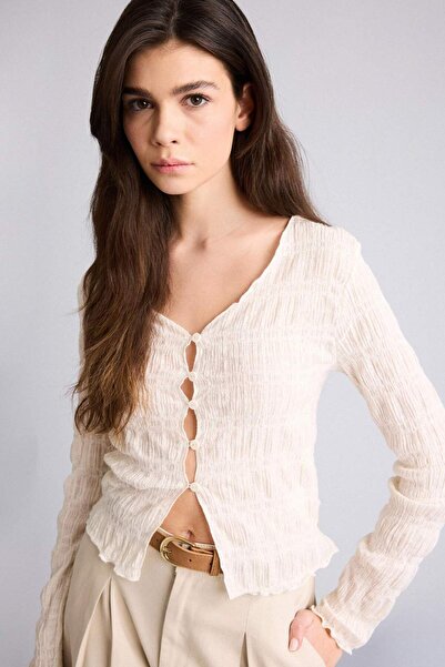 DeFacto Εφαρμοστό μπλουζάκι με κουμπιά στο γιακά και μακριά μανίκια H1720AX26SP