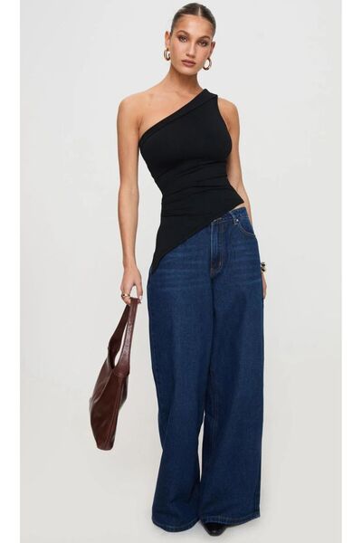 Linich&Co Black Asymmetrical Stretchy Cropped Top Blouse 5058