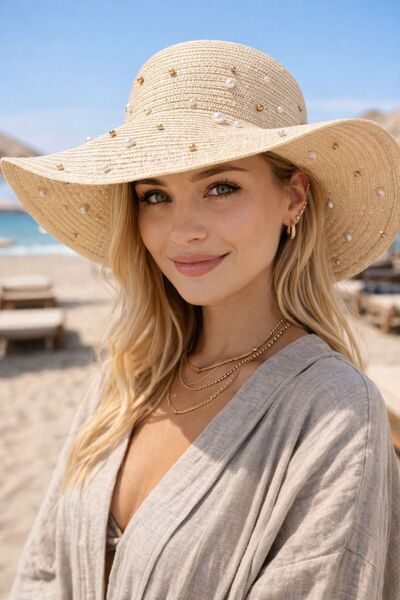 HAZAL KAYA ATELIER Beige Pearl Embellished Wide Round Straw Women's Hat