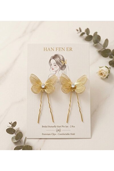 Çınar Aksesuar Accesoriu de păr de mireasă auriu cu design elegant de fluture...