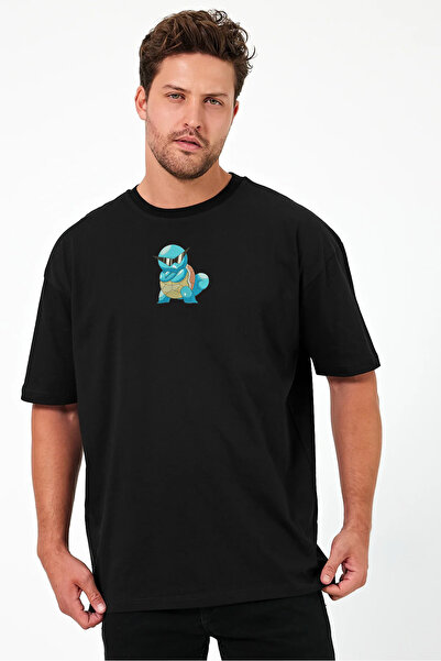 Unisex Oversize Nakışlı Squirtle Anime Karakter Tasarım %100 Pamuklu T-shirt