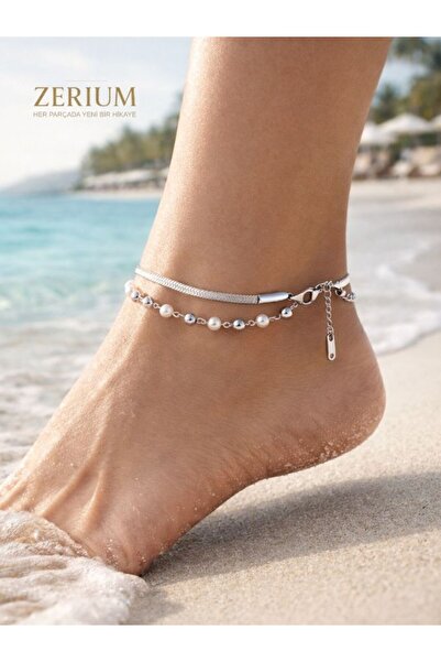 ZERİUM İnci Detaylı Kadın Çelik Halhal Çift Zincir