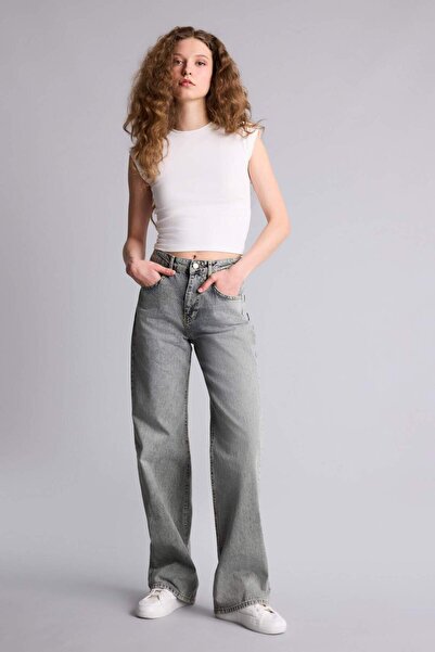 DeFacto Straight Wide High Waist Long Washed Jean Pants H0133Ax26Sp