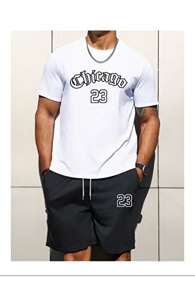 LAND MODA oUnisex belo-crni Chicago Štampano donji i gornji deo šortsa T-shir...