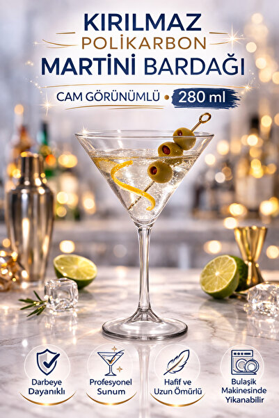 İstanbul Horeca Polikarbon Martini Kadehi Kırılmaz Cam Görünümlü 6 Adet 280 M...