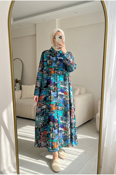 Kirazca Butik Women's Bohemian Patterned Hakim Collar Buttoned Hijab Shirt Dress