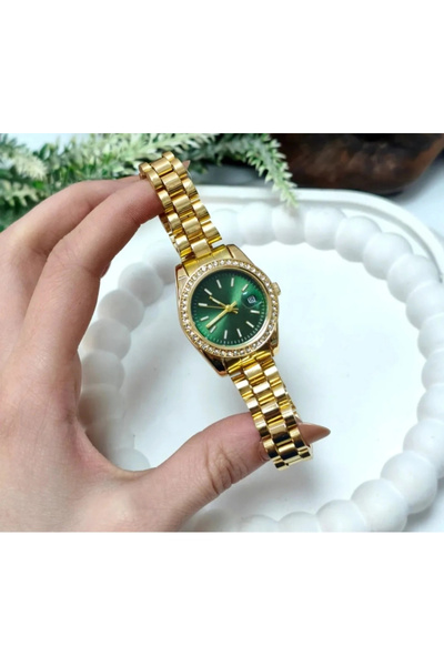 naaksesuar Gold Color Green Dial Stone Luxury Women's Watch