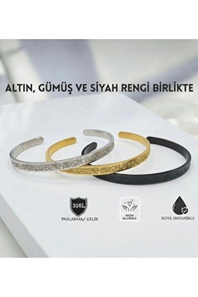 Miyoste 3 ADET Ayetel Kürsi Bileklik Gold Siyah Gümüş Renk Ayarlanabilir Mane...
