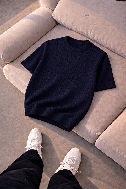 pepule Men's Summer Knitwear T-Shirt Hair Knit Patterned Crew Neck